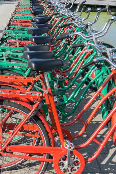 Rotterdam Holland Augusti 2017 Lång Rad Gröna Och Röda Cyklar — Stockfoto