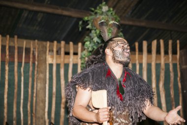 Tamaki Kültür Köyü. Geleneksel yüz dövmesi olan bir erkekten hoş geldiniz..