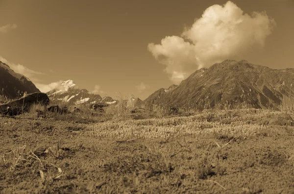 Slavný národním parku Mount Cook v sépie tónovaný obrázek. — Stock fotografie