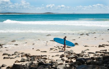 Yalnız sörfçü taşıyan mavi sörf tahtası Noosa, Queensland, Avustralya.