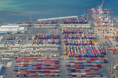 Tauranga Yeni Zelanda - 22 Ocak 2026; Tauranga Limanı Sülfür Noktası tesisinde renkli konteynırlar ve vinçlerle dolu büyük nakliye konteynır üssü üzerinde havadan görüş.