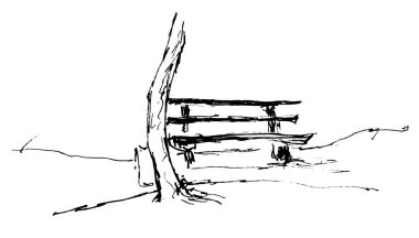 Ağaç gövdesi ve onun yanındaki bank Modern vektör çizimi. Güzel sonbahar manzarası. Siyah ve beyaz