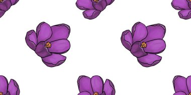 Beyaz arka planda krokus çizimi olan kusursuz desen, her amaç için harika tasarım. Minimalist kart tasarımı. Sanat öğesi. Yaz, bahar arkaplanı. tekstil ve kumaş.