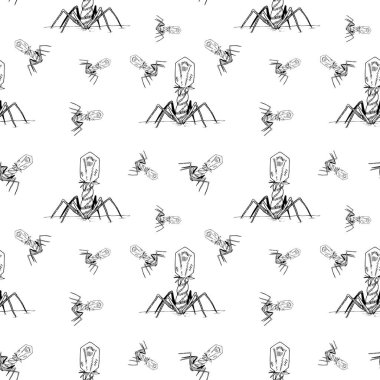 Bakteriyofajın bir örneği. Mikroorganizma, virüs. Biyoloji kitabı için siyah beyaz illüstrasyon, tıp kitapları için illüstrasyon, kitapçıklar. Beyaz arkaplanda pürüzsüz desen.