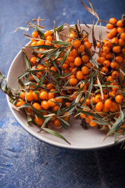 Böğürtlenli deniz dikenli dallar bir tabakta yatıyor