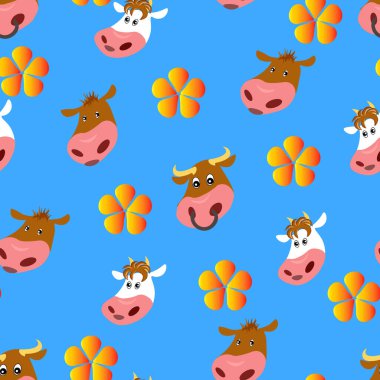 İneklerin Aile Modeli Mavi Arka plan Boğa Goby Mavi arka plan boğa sarı çiçekli inek boğa. Çizgi film temsilcisi. Kumaş kâğıdı reklamcılığında kullanın.