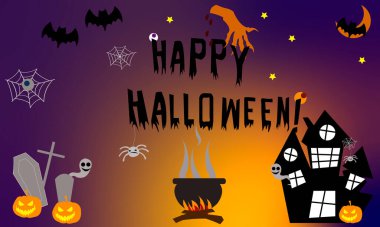 Cadılar Bayramı bayrağınız kutlu olsun. Ya da bulutlu parti davetiyesi. Düz stil hayaletli yarasalar. Vektör çizimi. Gökyüzünde dolunay, örümcek ağları ve yıldızlar. Metin için yer