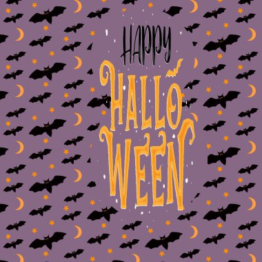 Yarasalar ay ve yıldızlarla kusursuz desen. Mor arka plan siyah fareler, sarı ay ve yıldızlar. Bayram Cadılar Bayramı. Pankart, kartpostal, davetiye, hatıra defteri, ambalaj kullanın. Vektör illüstrasyonu.