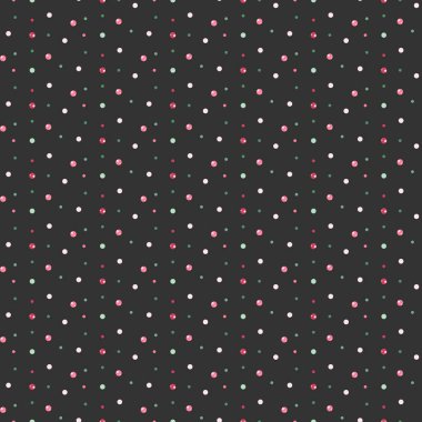 Basit, soyut bir arkaplan. Koyu arkaplanda çok renkli noktalar halinde şirin, modern vektörsüz desen..