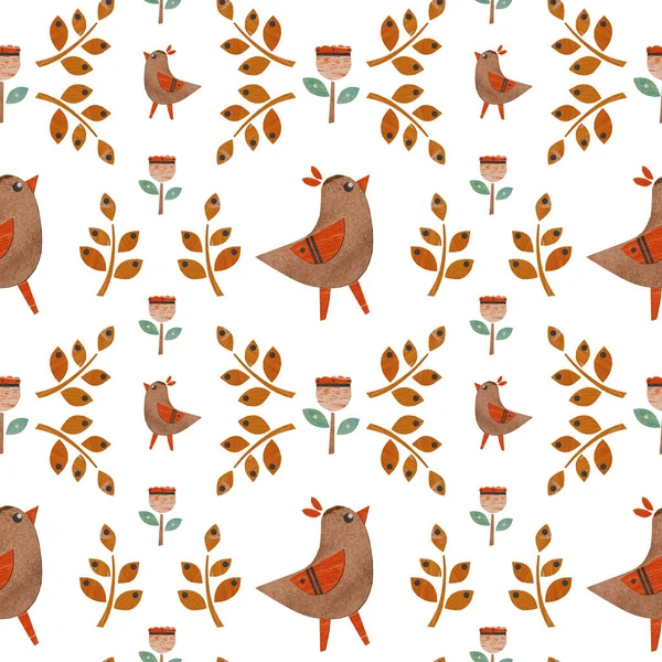 Bloemenpatroon Met Ornament Vogel Bruine Oranje Kleuren Textuur Voor Scrapbooking — Stockfoto