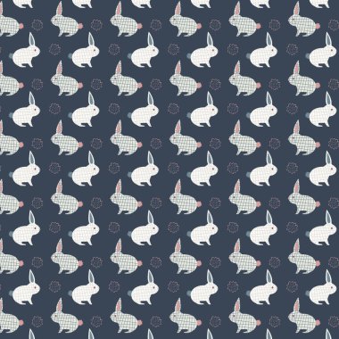 Koyu arkaplan ve dekoratif elementler üzerinde tekrarlayan tavşanlarla sevimli desen.