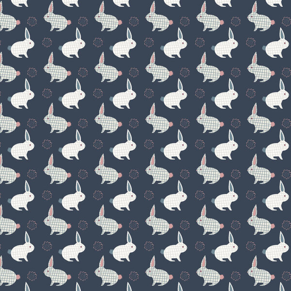 Симпатичный рисунок с повторяющимися кроликами на темном фоне и декоративными элементами.