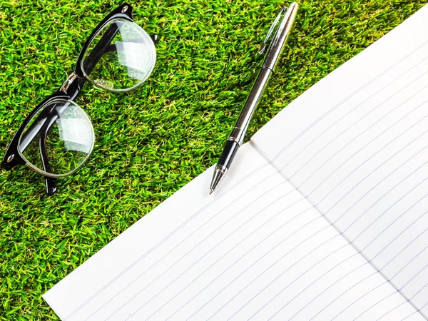 Notebook, otwarte z pióra i oko okulary trawa tło — Zdjęcie stockowe
