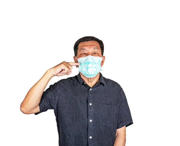 Asiatico Anziano Uomo Indicando Viso Maschera Isolato Sfondo Bianco Con — Foto Stock