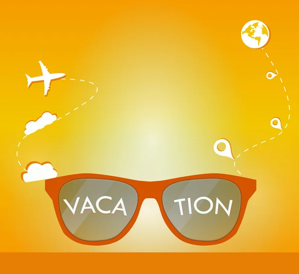 Gafas de sol con vacaciones, nubes y ubicación sobre fondo organge — Vector de stock