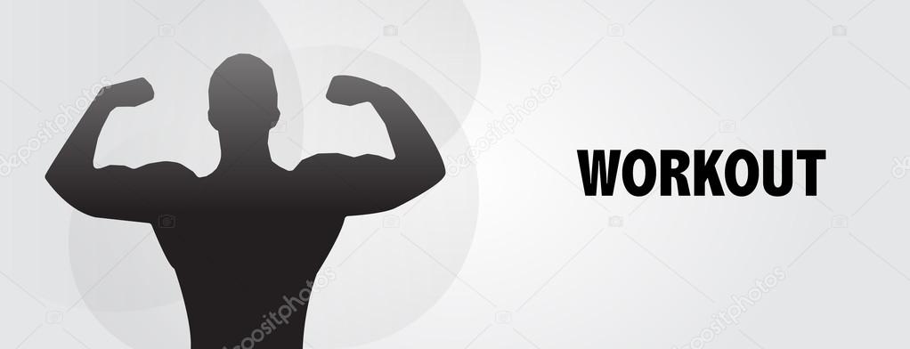 Man flexing muscle, workout, silhouette, eps vector banner