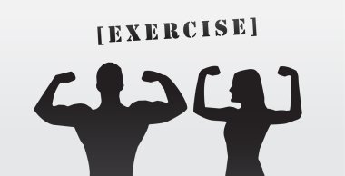 Man and woman flexing muscle, silhouette, eps vector banner