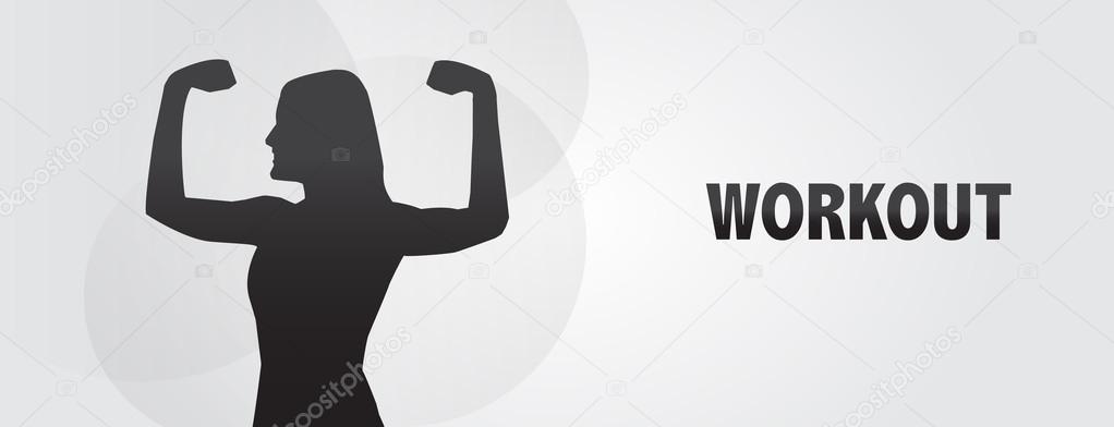 Woman flexing muscle, workout, silhouette, eps vector banner