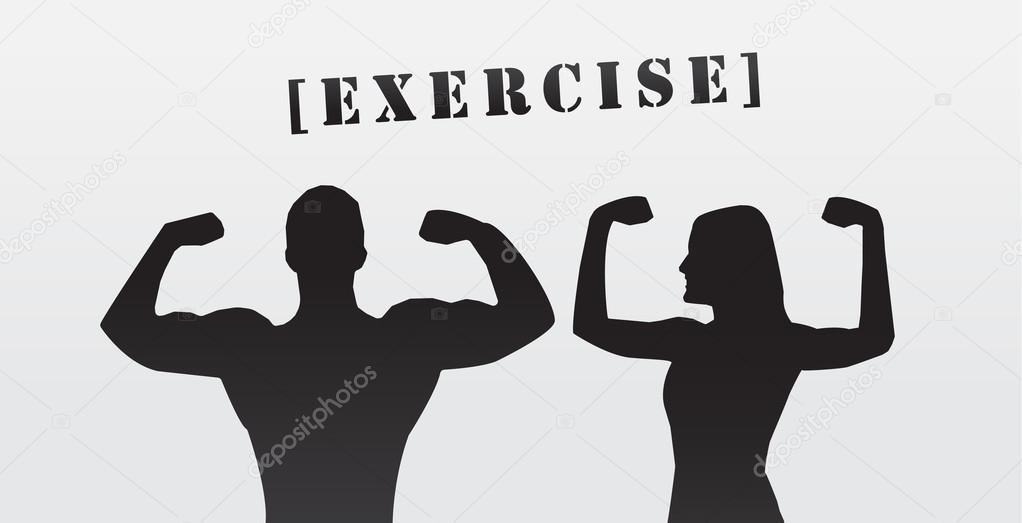 Man and woman flexing muscle, silhouette, eps vector banner
