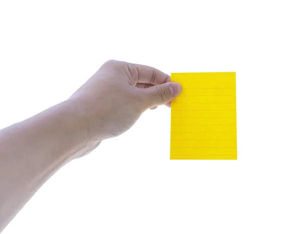 Green sticky note, on man hand holding; isolated with clipping path — Stock Photo, Image