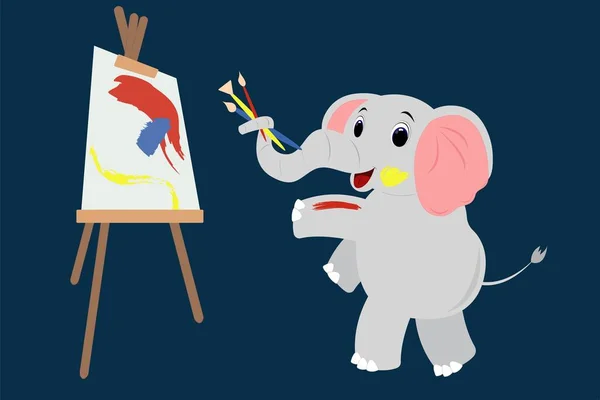 Elefante Disegna Con Vernici Cavalletto Lezione Disegno Scuola — Vettoriale Stock