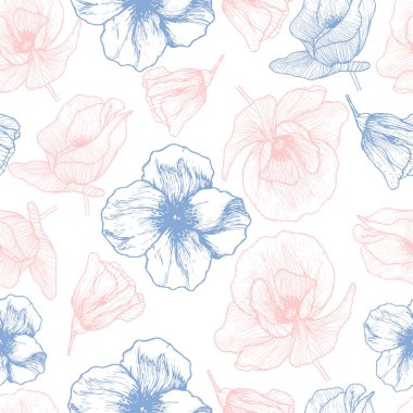 Vektör kusursuz desen. Elle çizilmiş haşhaş çiçeği çizimi. Gül kuvars ve dinginlik çiçeksiz desen