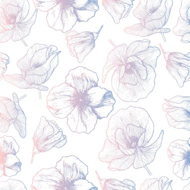 Vektör kusursuz desen. Elle çizilmiş haşhaş çiçeği çizimi. Gül kuvars ve dinginlik çiçeksiz desen