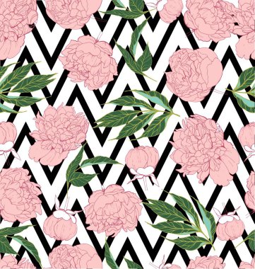 Şakayık çiçekli, kusursuz tropikal desenli güzel vektör arkaplanı. Soyut açılı şerit geometrik doku. Duvar kağıdı, ambalaj, davetiye, parti, plaj, giysi, moda