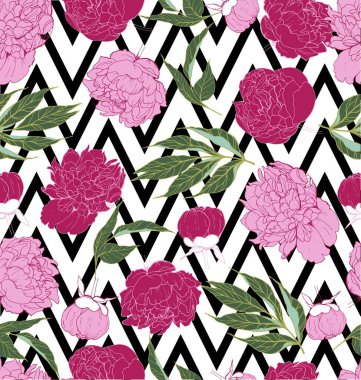 Şakayık çiçekli, kusursuz tropikal desenli güzel vektör arkaplanı. Soyut açılı şerit geometrik doku. Duvar kağıdı, ambalaj, davetiye, parti, plaj, giysi, moda