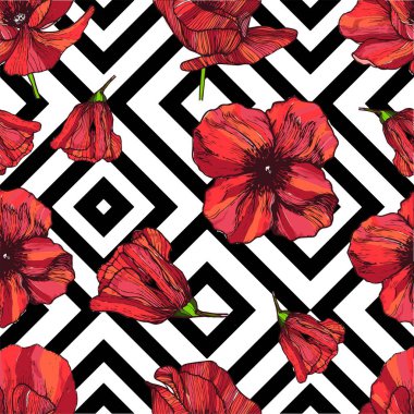 Güzel, kusursuz vektör çiçekli, gelincik çiçekli tropik desenli arka plan. Soyut romb kare geometrik doku. Duvar kağıdı, ambalaj, davetiye, parti, plaj, giysi, moda