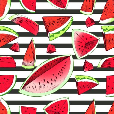 Siyah şeritlerde izole edilmiş karpuz dilimlerinin vektör dikişleri. Canlı kırmızı ve yeşil yaz karpuzu parçaları. El çizimi.