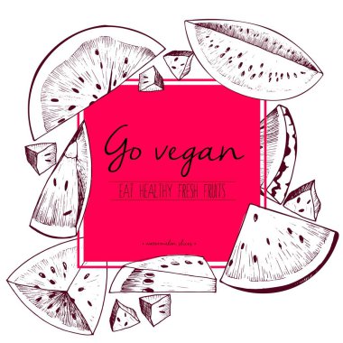 Vektör kenarı oymalı karpuz dilimleri. Vejetaryen ol. Elle çizilmiş vejetaryen lezzetli organik yiyecekler ve kırmızı kare şablon..