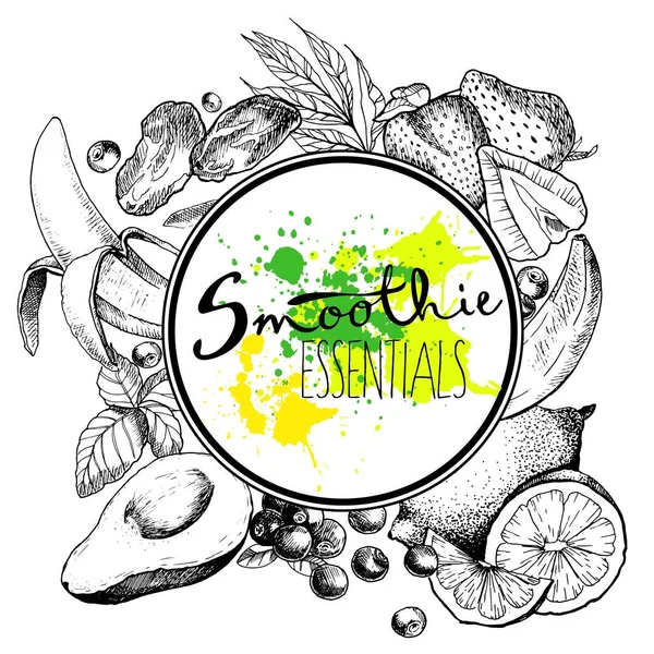 Detoz smoothie için meyve ve sebze seti. Vejetaryen Helthy el yapımı illüstrasyon tedavisi. Çubuk, kuyruk kuyruğu, broşür, pankart, depo için kullan