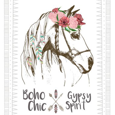 Vector fashion boho chick style horse with flower, feather wreath and arrow. Traditional bohemian deoration. Use for poster, party, fashion, events, promotion, shop, store, design. clipart