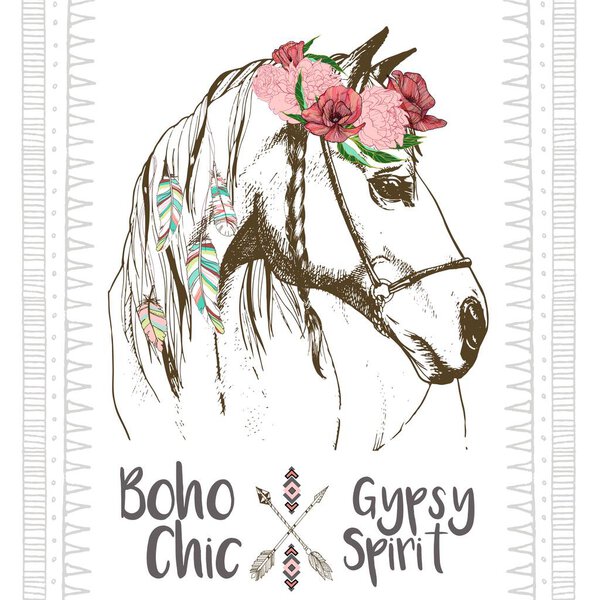 Vector fashion boho chick style horse with flower, feather wreath and arrow. Traditional bohemian deoration. Use for poster, party, fashion, events, promotion, shop, store, design.