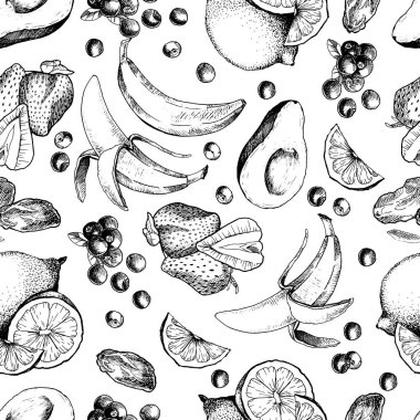 Kusursuz çizilmiş meyvelerin vektör deseni. El yapımı avokado, muz, çilek, hurma, limon, limon, portakal, yabanmersini. Smoothie ve kokteyl eklentileri tekrarlama modunda. 