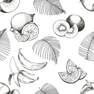 Vector seamles pattern of tropical fruits. Banana, peach, lemon, kiwi and palm leaves in vintage engraved style. Hand drawn exotic organic tasty fruits isolated on white background. clipart