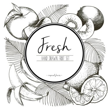 Palmiye yapraklı taze tropikal meyvelerin vektör sınır çizimi. El yapımı vejetaryen lezzetli organik yiyecekler ve beyaz yuvarlak metin şablonu..