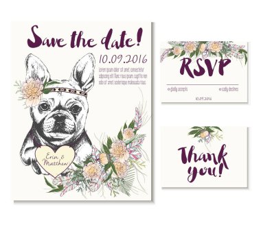 Vedding card set in trendy boho style. French bulldog wearing flower crown and heart coulomb. Decorated with floral bouquet and feathers. Includes save the date. rsvp and thank you cards templates. vector