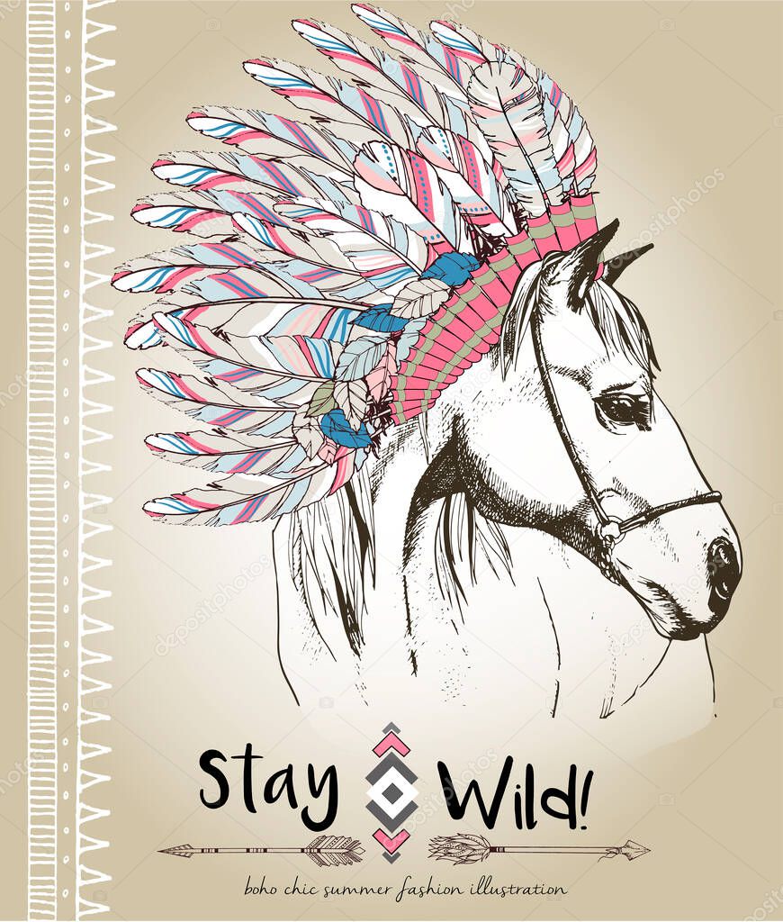 Vector fashion boho chick style horse with flower, feather wreath and arrow. Traditional bohemian decoration. Use for poster, party, fashion, events, promotion, shop, store, design.