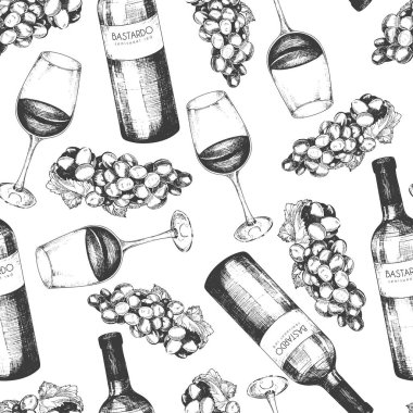 Yumuşak şarap malzemelerinin kusursuz deseni. Şarap, şişe, bardak, portakal, üzüm, anason, tarçın. Sıcak alkolik içkisi. El çizimi vintage tarzı.