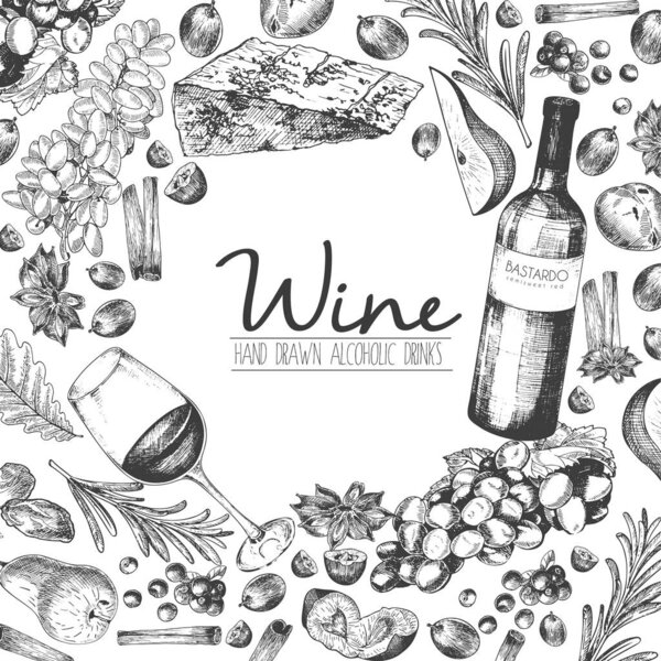Vector hand drawn illustration of wine and apetizers. Round border composition. Grape, cheeze, rosemary, spices, botte and wineglass. For restaurant menu, invitation, greeting, holiday store design