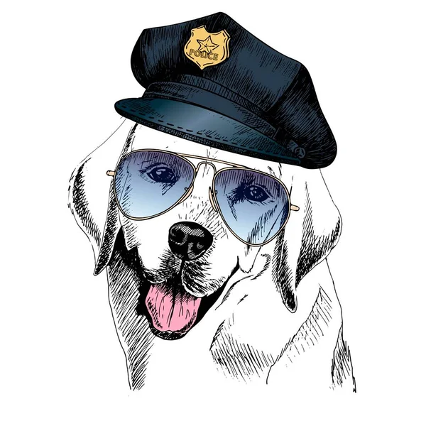 Vector Cerca Retrato Perro Policía Labrador Retriever Con Gorra Gafas — Archivo Imágenes Vectoriales