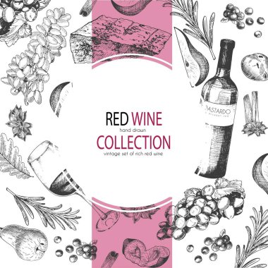 Şarap ve aperatiflerin resmedildiği yuvarlak bir el çizimi. Şişe, bardak, corcksrew, peynir, meyve tabakları. Klasik oymalı sanat eseri. Restoran, menü, mağaza, pazar, satış için. 