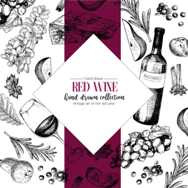 Vektör el çizimi, şarap ve aperatiflerin çizimi. Şişe, bardak, corcksrew, peynir, meyve tabakları. Klasik oymalı sanat eseri. Restoran, menü, mağaza, pazar, satış için. 