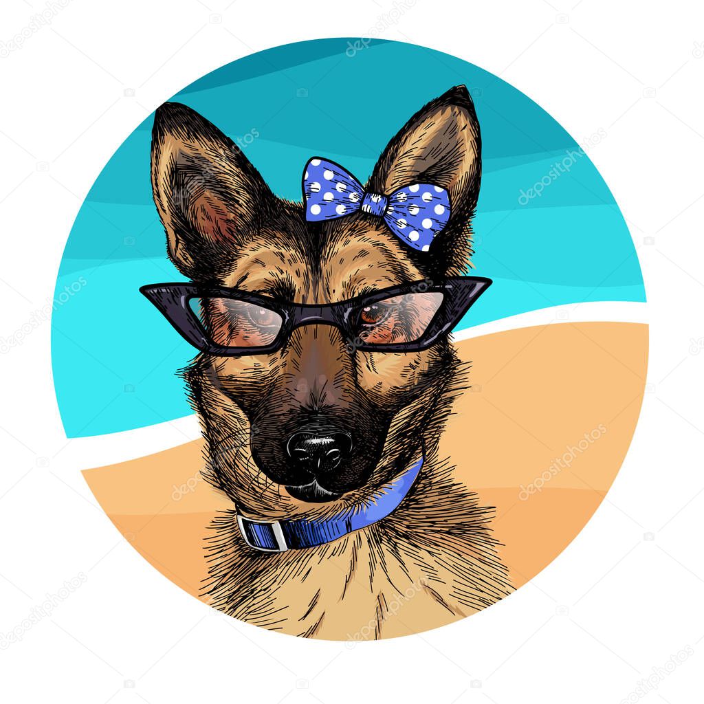 Vector portrait of german shepherd dog wearing sunglasses and retro bow. Summer fashion illustration. Vacation, sea, beach, ocean. Hand drawn pet portait. Poster, t-shirt print, holiday, postcard.