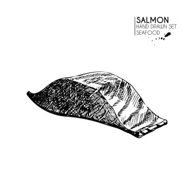 Deniz ürünleri ikonlarından oluşan vektör el çizimi. İzole edilmiş somon filetosu. Oymalı sanat. Lezzetli deniz ürünleri menüsü çizilmiş nesneler. Resaurant, yemek, pazar, mağaza, menü, parti dekorasyonu, diğer tasarım için kullan