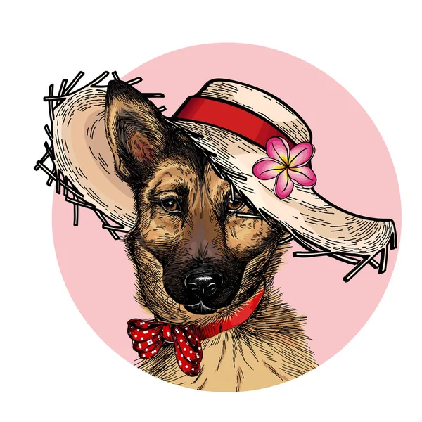 Retrato vetorial de cão pastor alemão vestindo chapéu de palha, flor e bolinha dot bandana. Ilustração de moda de verão. Portait animal de estimação desenhado à mão. Cartaz, estampa de camiseta, feriado, cartão postal, horário de verão. — Vetor de Stock