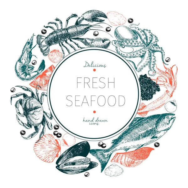 Vector Hand Drawn Seafood Logo Lobster Salmon Crab Shrimp Ocotpus — Stock Vector