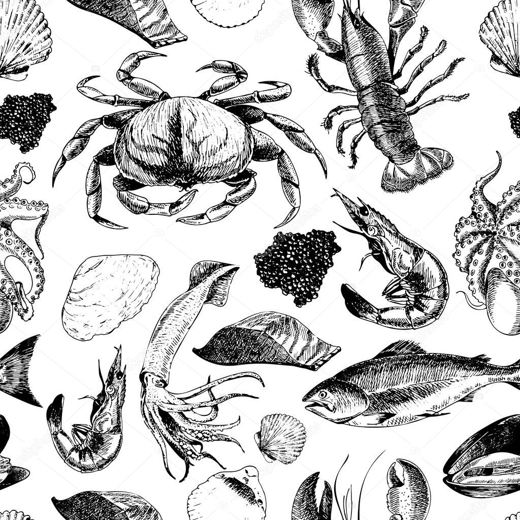 VEctor seamless pattern of seafood.Lobster, crab, salmon, caviar, squid, shrimp and clams. Hand drawn engraved icons. Delicious food menu objects. Use for resaurant, promotion, market store banner